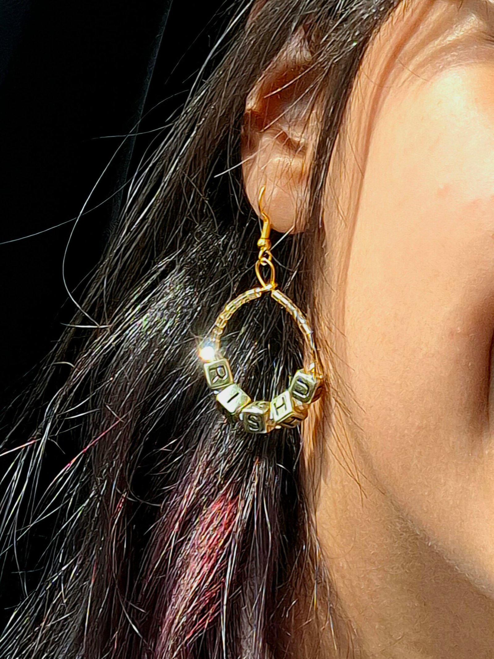 Golden Beaded Custom Text Earrings - Image 3