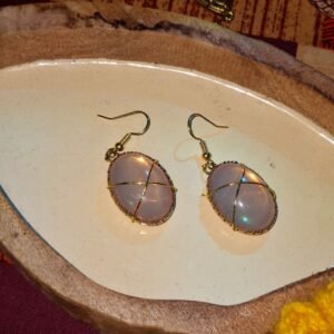 Wire Wrapped Stone Oval Earrings Iridescent Nude