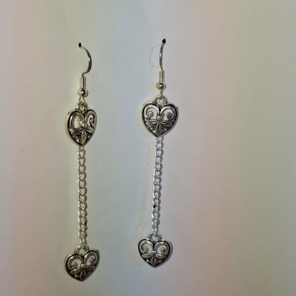 Silver Dangly Goth Chrome Heart Charm Earrings - 13