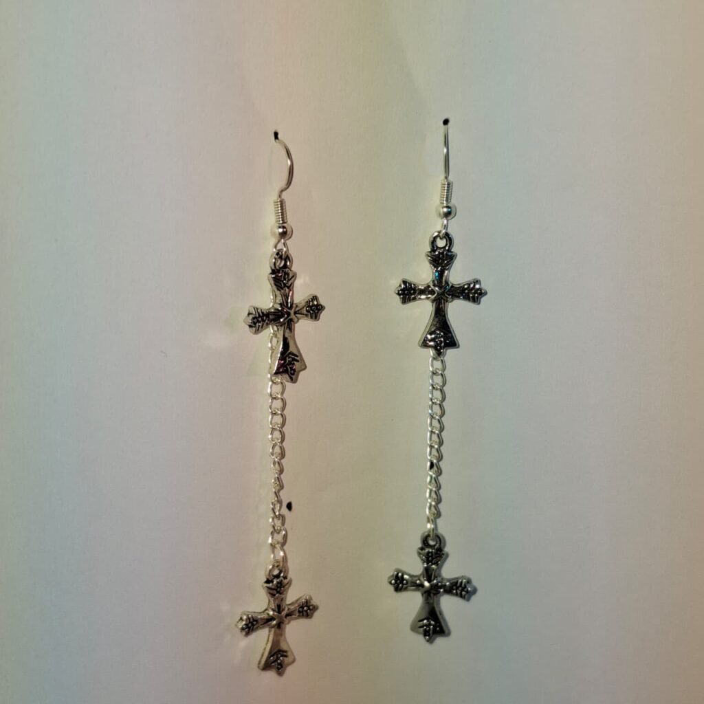 Silver Dangly Cross Goth Charm Earrings - 6
